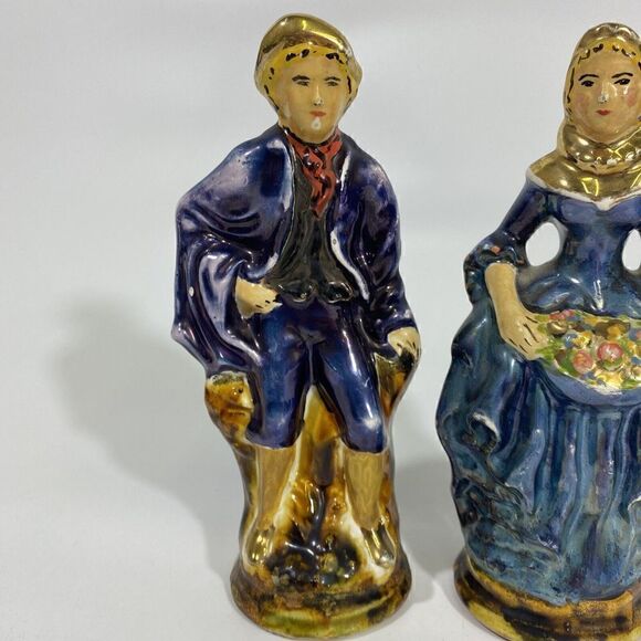 Vtg Staffordshire Man & Woman Majolica art Pottery Figurine Pair cottagecore - Picture 2 of 15